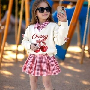 Cherry Print Sweater and Red Gingham Skirt Set